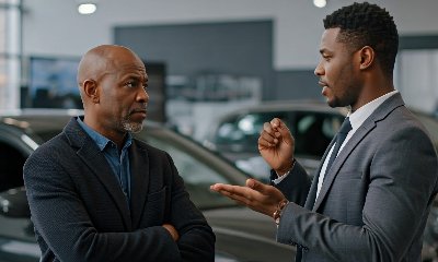 Two men in suits having a discussion in a car showroom.