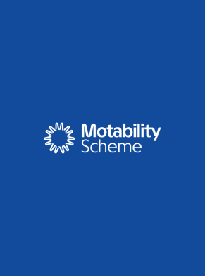 Motability Scheme logo with a circular design on a blue background.