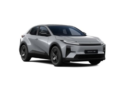 Silver Toyota C-HR Electric SUV, front and side view.