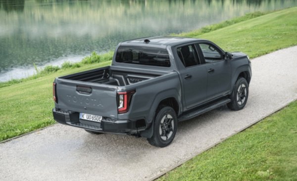 Grey pickup truck parked on a gravel path beside a lake and grass.