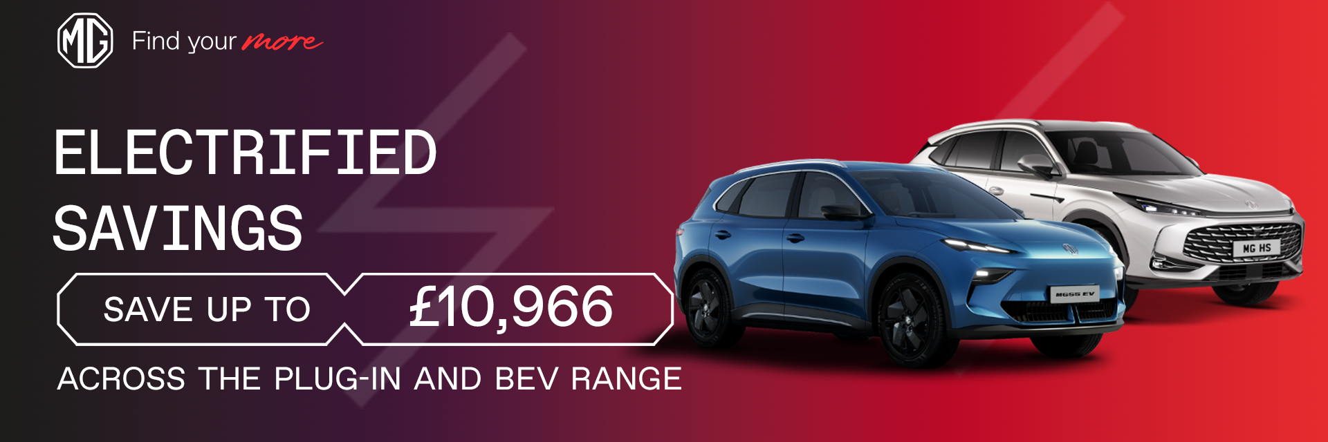 MG cars with electrified savings message, plug-in and BEV range, save up to £10,966.