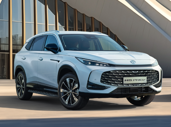 Silver SUV labeled HS PHEV parked on a sunlit surface.
