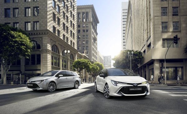 Two Toyota Corolla models parked on a city street with tall buildings.