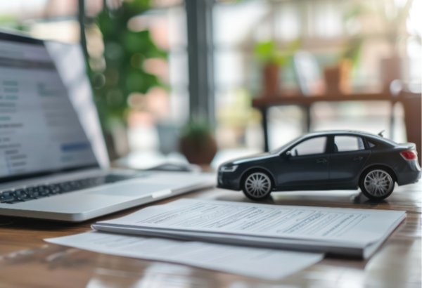 Toy car on documents beside a laptop on a wooden desk.