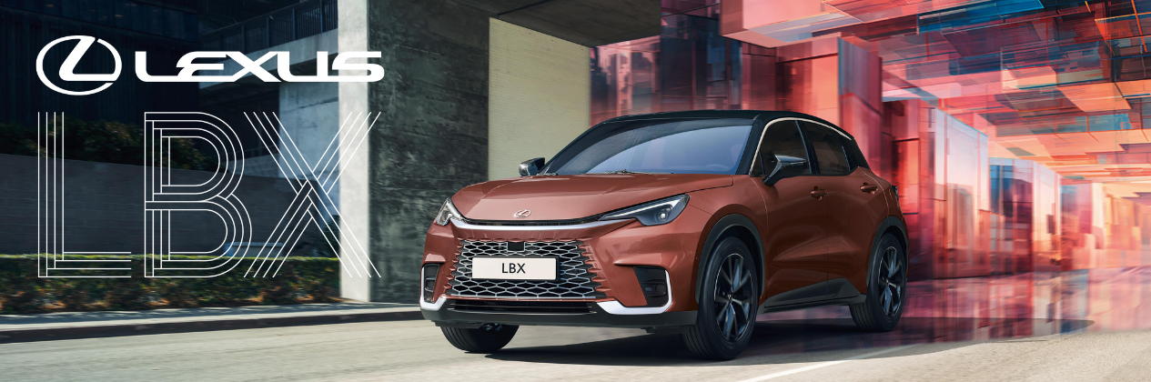 Lexus LBX car model shown from the front left side with logo and text LBX.