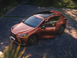 Aerial view of a maroon SUV with an open door on a stone driveway.