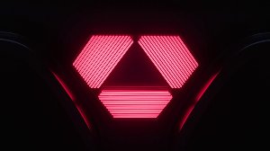 Red illuminated hexagonal shape with parallel lines on a black backdrop.