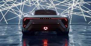 Rear view of a Lexus concept car with illuminated tail lights.