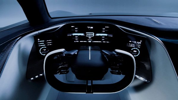 Futuristic car dashboard with digital displays and a unique steering wheel design.