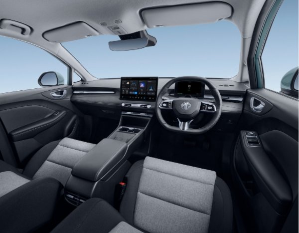 Car interior with grey seats, touchscreen displays, and modern steering wheel.