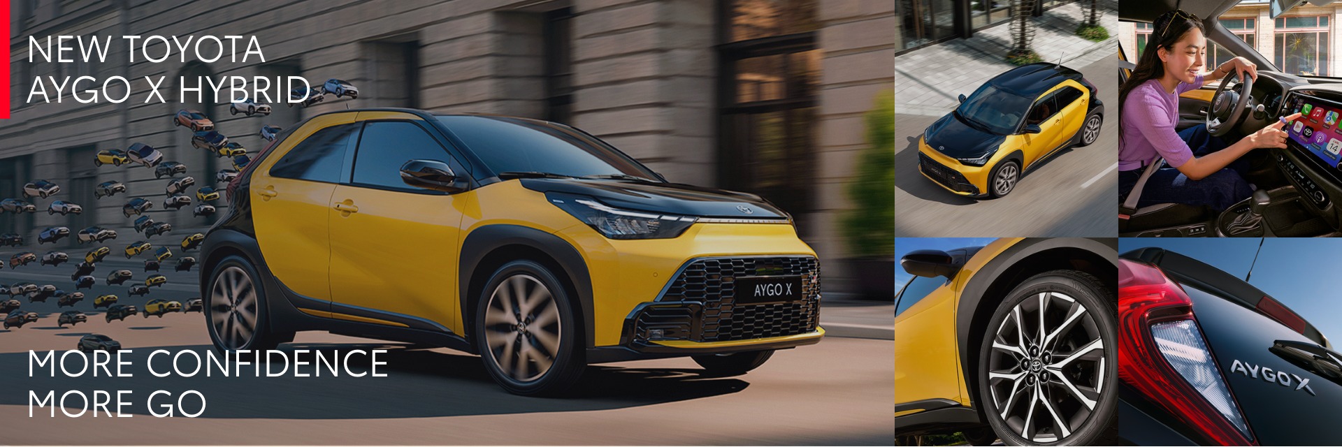 Yellow Toyota Aygo X Hybrid shown in various angles and interior view with a driver.