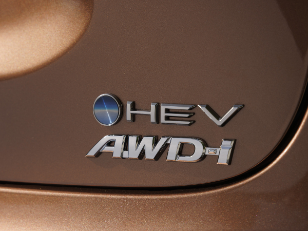 Close-up of HEV AWD-i badge on a metallic brown car.